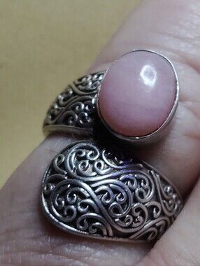 🔥PERSIAN PINK OPAL,  FILIGREE & BYPASS MOTIF. STERLING RING. SZ- 7. (R-1104277)